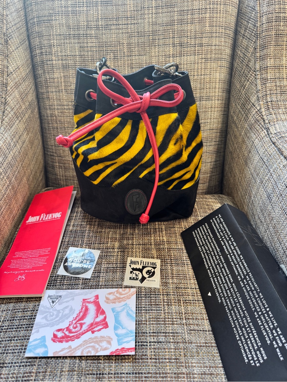 John Fluevog Jocelyn Yellow Black Tiger Drawstring Bucket Bag with Red Trim